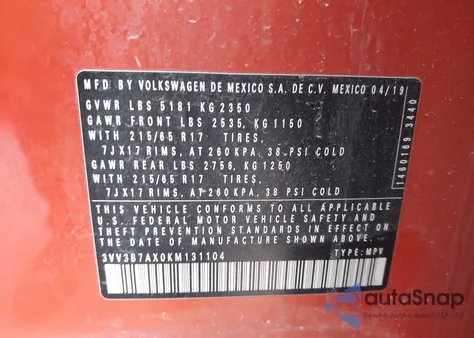 2019 Volkswagen Tiguan 2.0T Se/2.0T Sel/2.0T Sel R-Line/2.0T Sel R-Line Black z USA, uszkodzony, nr VIN 3VV3B7AX0KM131104